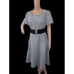 60s Mod Black Silver Metallic Print Dress Polyester Vintage L XL 40 Bust